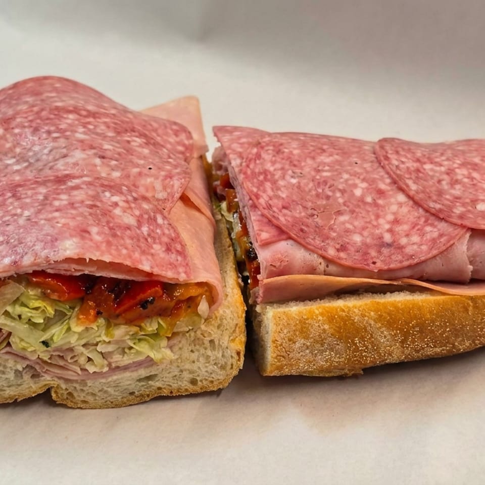 Open-faced Italian sandwich layered with salami, ham, cheese, lettuce, tomatoes, and peppers on crusty bread.