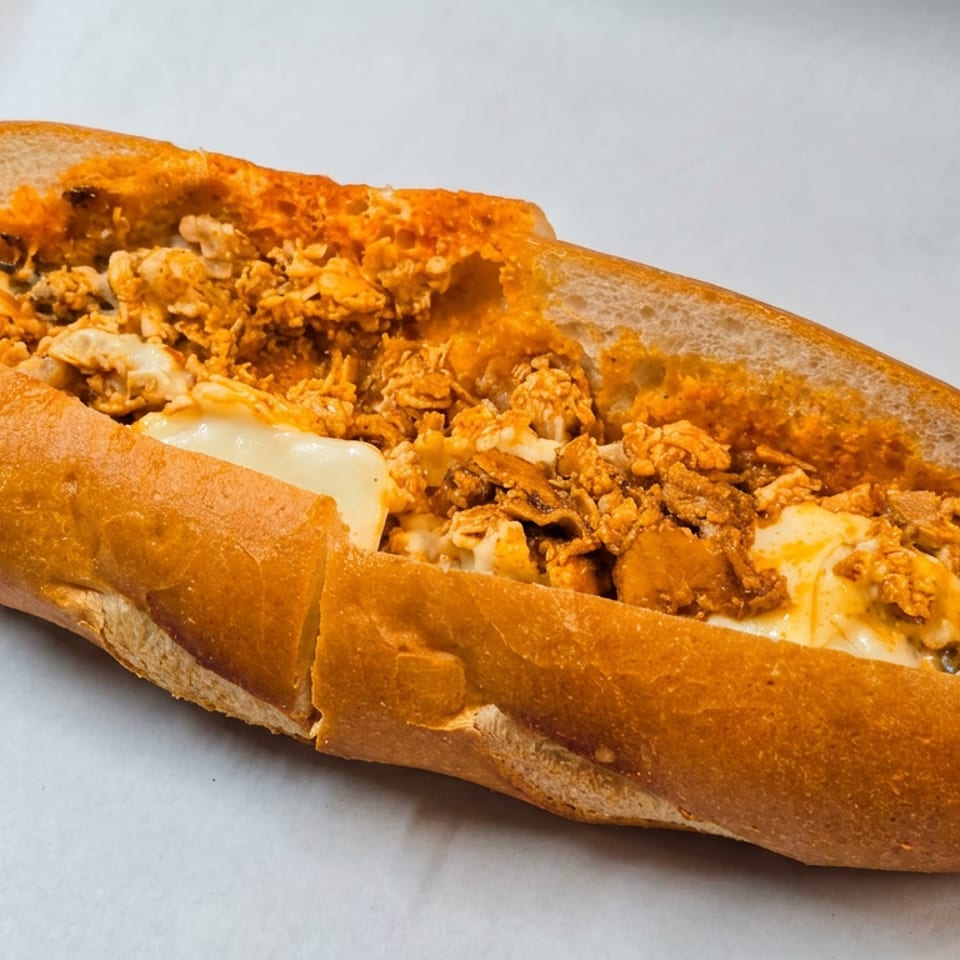 Toasted sandwich roll filled with creamy sauce, shredded chicken, and crispy golden onions.