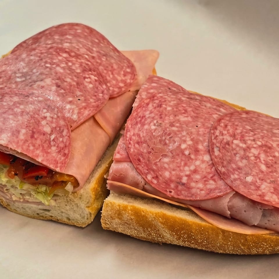 Two open-faced Italian sandwiches topped with salami, ham, lettuce, tomato, and melted cheese on white bread.