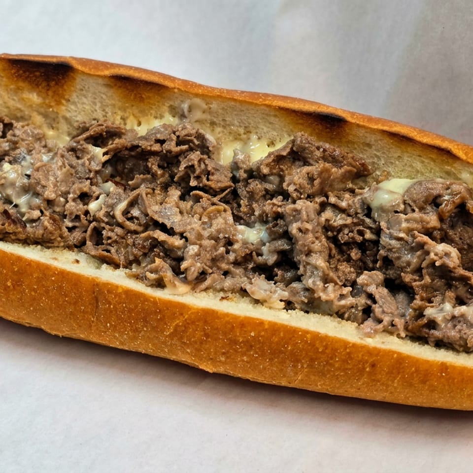 Cheesesteak sandwich with thinly sliced beef and melted cheese served on a toasted hoagie roll.