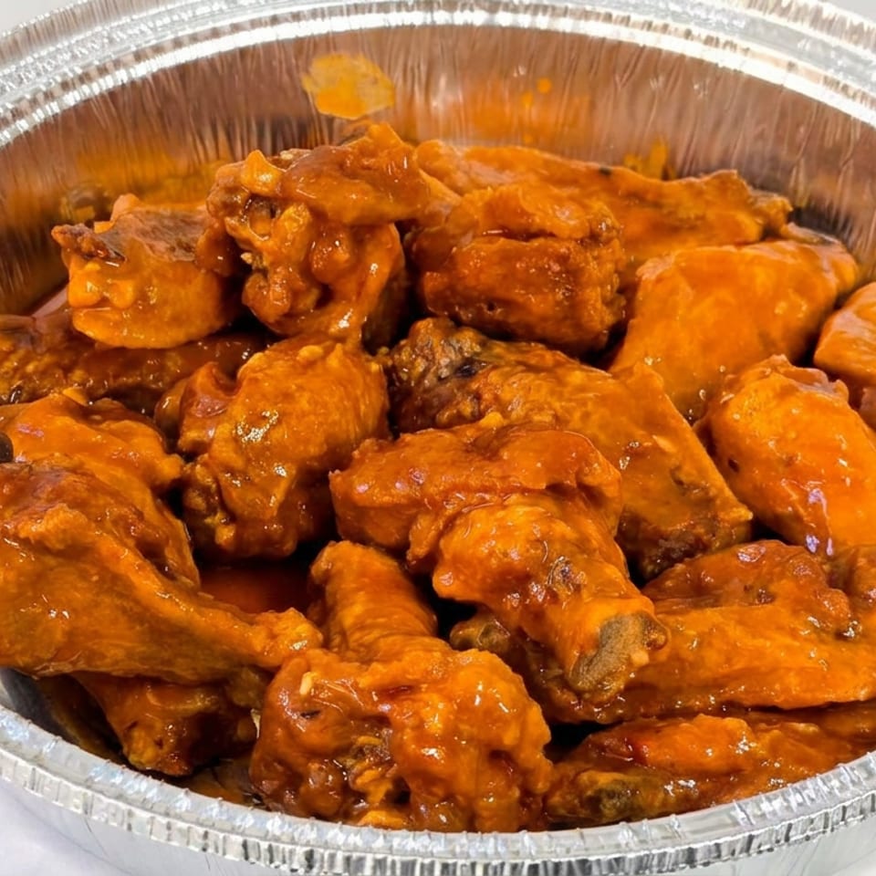 Aluminum tray filled with glossy orange-sauced chicken wings and drumettes.